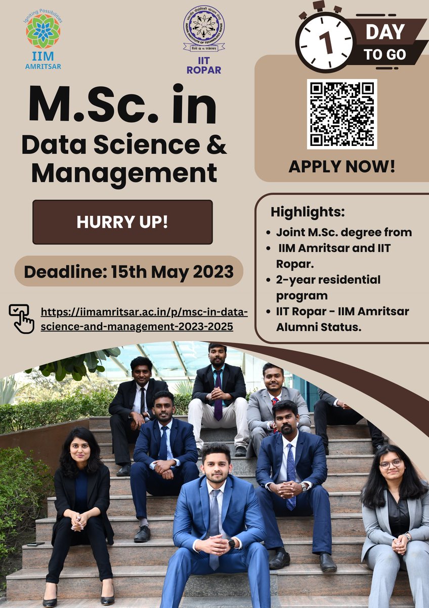 IIMAmritsar's tweet photo. HURRY UP!
IIM Amritsar and IIT Ropar are inviting applications for their joint https://t.co/J1epPVOY7E. program in Data Science and Management. The application deadline is 15th May 2023. Don't miss this opportunity to advance your career in data science and management. https://t.co/2KIWlNjUJs