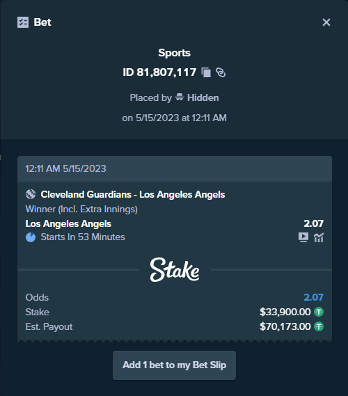 ALERT: New high roller bet posted!
A bet has been placed for $33,900.00 on Cleveland Guardians - Los Angeles Angels to win $70,173.00.
To view this bet or copy it https://t.co/HsmJVuiGgI https://t.co/C19FDwo8BO