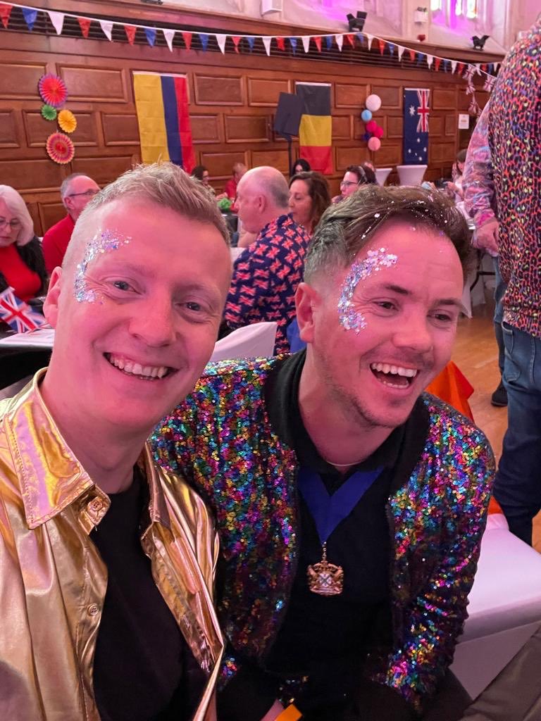 We do know how to party 🎉 The Lord Mayors Team in dancing and tambourine playing mode ⁦@plymouthcc⁩ Guildhall for Eurovision Event fund raising for ⁦@PlymouthPride⁩