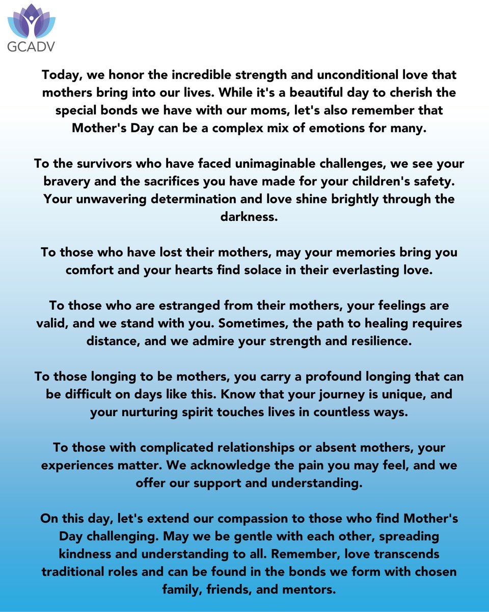 gcadv's tweet photo. 🌷 Celebrating Mother's Day with love and empathy! 🌷

💖 Wishing everyone a day filled with love, understanding, and the recognition of all types of motherhood. Happy Mother's Day! 💖 https://t.co/qvw5qcTRnM