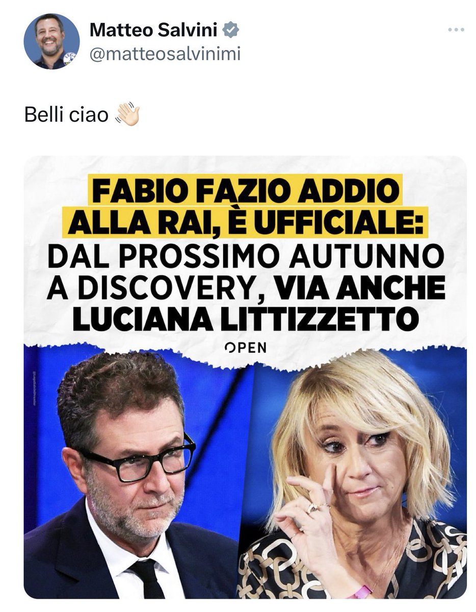 Siamo a questo livello qui.

Un rappresentante delle Istituzioni che fa post così sui social.

Che pena, che vergogna. 

#FabioFazio #Salvini