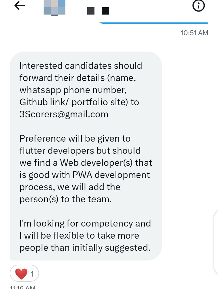 timokonkwo_'s tweet image. Paid Remote Internship Alert 🔊
3Scorers is hiring:
- 1 Frontend developer (Angular)
- 1 Backend developer (NodeJS)
- 1 Full stack developer (same stack)
- 2 Flutter developers 
Pay: N75,000 Monthly
Knowledge of PWAs is an advantage.