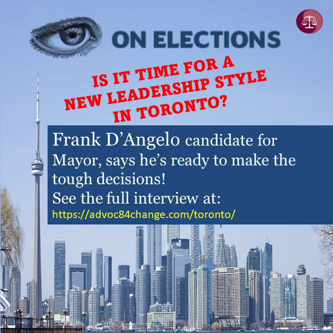 advoc84change's tweet photo. Mayoral Candidate Frank D'Angelo thinks Toronto needs a leader with more courage!
See the full interview, and have your say on the issues.
Visit: https://t.co/RSZWgRtTaM
#TorontoMayor #Torontoelections #electionstoronto
@FrankDangelo23 https://t.co/s7U8JmnVeA