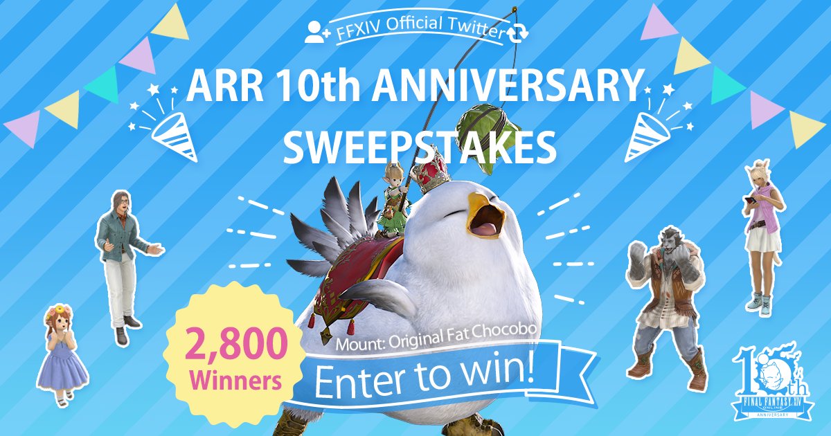 Presenting the ARR 10th Anniversary Sweepstakes! ✨ sqex.to/kEP90 🔔 Follow @‌FF_XIV_EN 🔁 RT this tweet 📝 Reply with in-game name, home world, and #FFXIV10thSweepstakes For full terms and conditions, please see the official rules at sqex.to/oEwLY