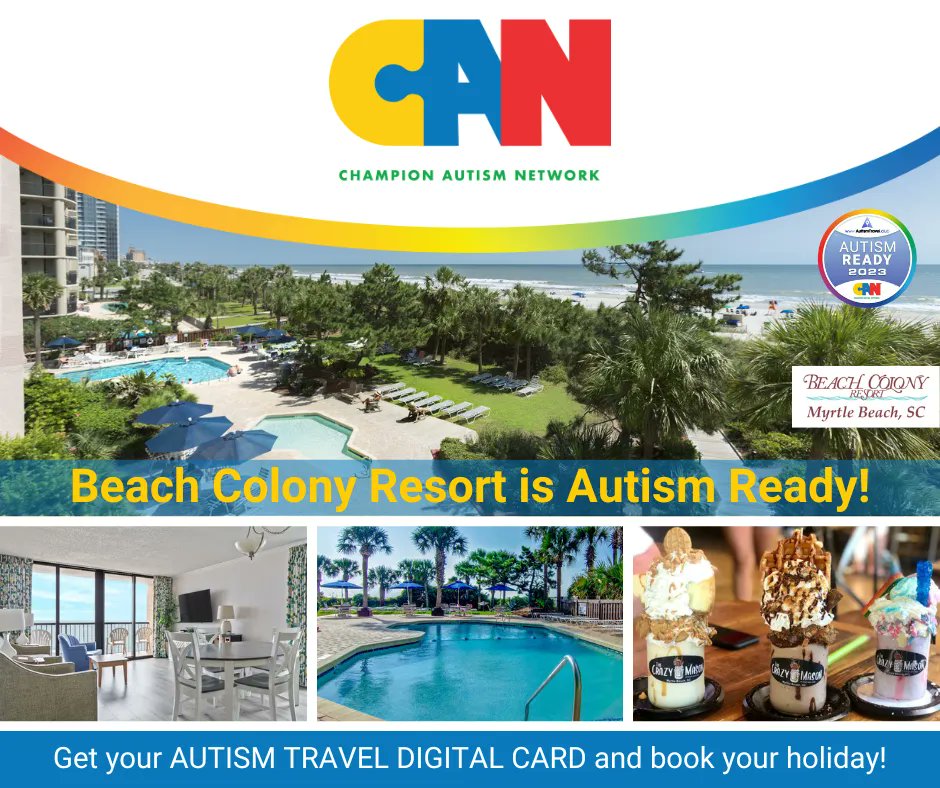 CAN Business Highlight! Beach Colony Resort is Autism Ready and waiting to welcome you and your family! Visit their website buff.ly/3MnhGE6 Join the club! Get your Card today! buff.ly/3JORTDy
#ComePlayWithUs® #YesYouCAN® #ChampionAutismNetwork #AutismTraveling