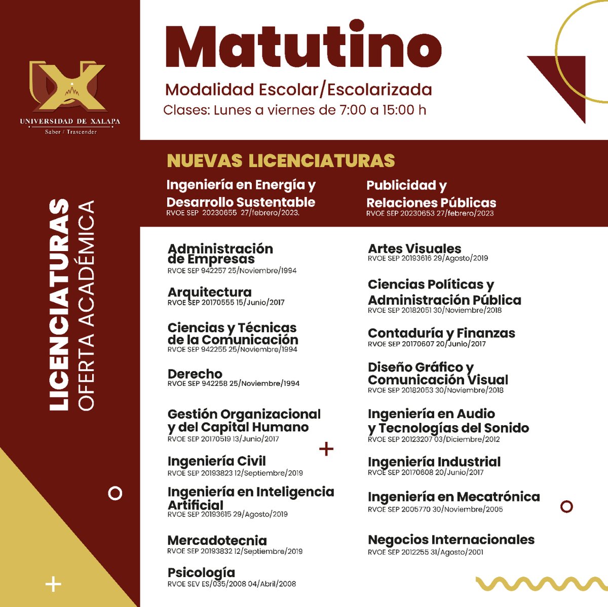 UXoficial's tweet photo. 📌 Conoce nuestras licenciaturas en #ModalidadMatutina ¡Inscripciones abiertas!
🧑🏫 Clase de Lunes a Viernes
⏰ Horario de 07:00 am a 15:00 hrs
📲 +info por WhatsApp: https://t.co/dB8T1kdItd
🔝 ¡#NuestroLegadoEsTrascender! https://t.co/OOJEjKtdzn