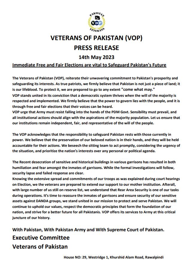 VoP_PESA's tweet photo. VOP urge that Army must resist falling into the hands of the PDM Govt. Sensibility must prevail, and all institutional actions should align with the aspirations of the majority population of Pakistan.
Immediate Free and Fair Elections are vital to Safeguard Pakistan's Future. https://t.co/QmThEWBrTG