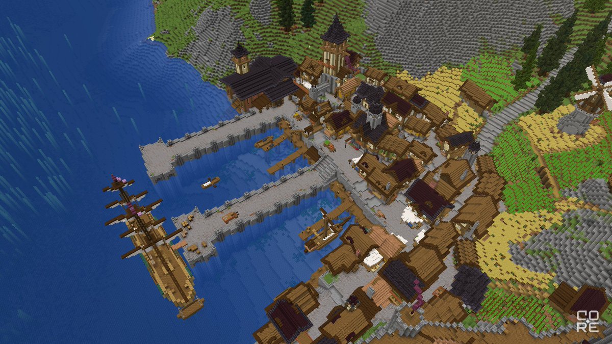 Top down view of our port city in #Minecraft 
[Week 19/52]