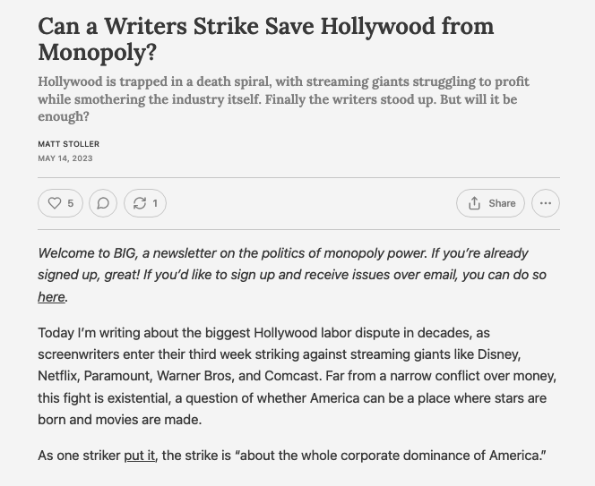 matthewstoller's tweet photo. Today's newsletter is about how Wall Street has ruined Hollywood, and why the writers strike is the first real attempt to stop the downward spiral of the industry. I would link to it, but Twitter throttles tweets that mention my newsletter. https://t.co/Ku54AEnKsC