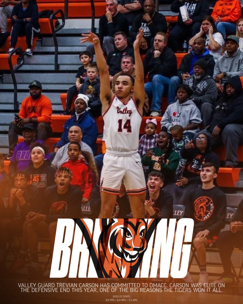 𝘽𝙍𝙀𝘼𝙆𝙄𝙉𝙂

Valley 2023 Guard Trevian Carson has committed to DMACC 🔥

One of the best defenders in the state and was a nice glue guy for the Tigers in there State Championship run.