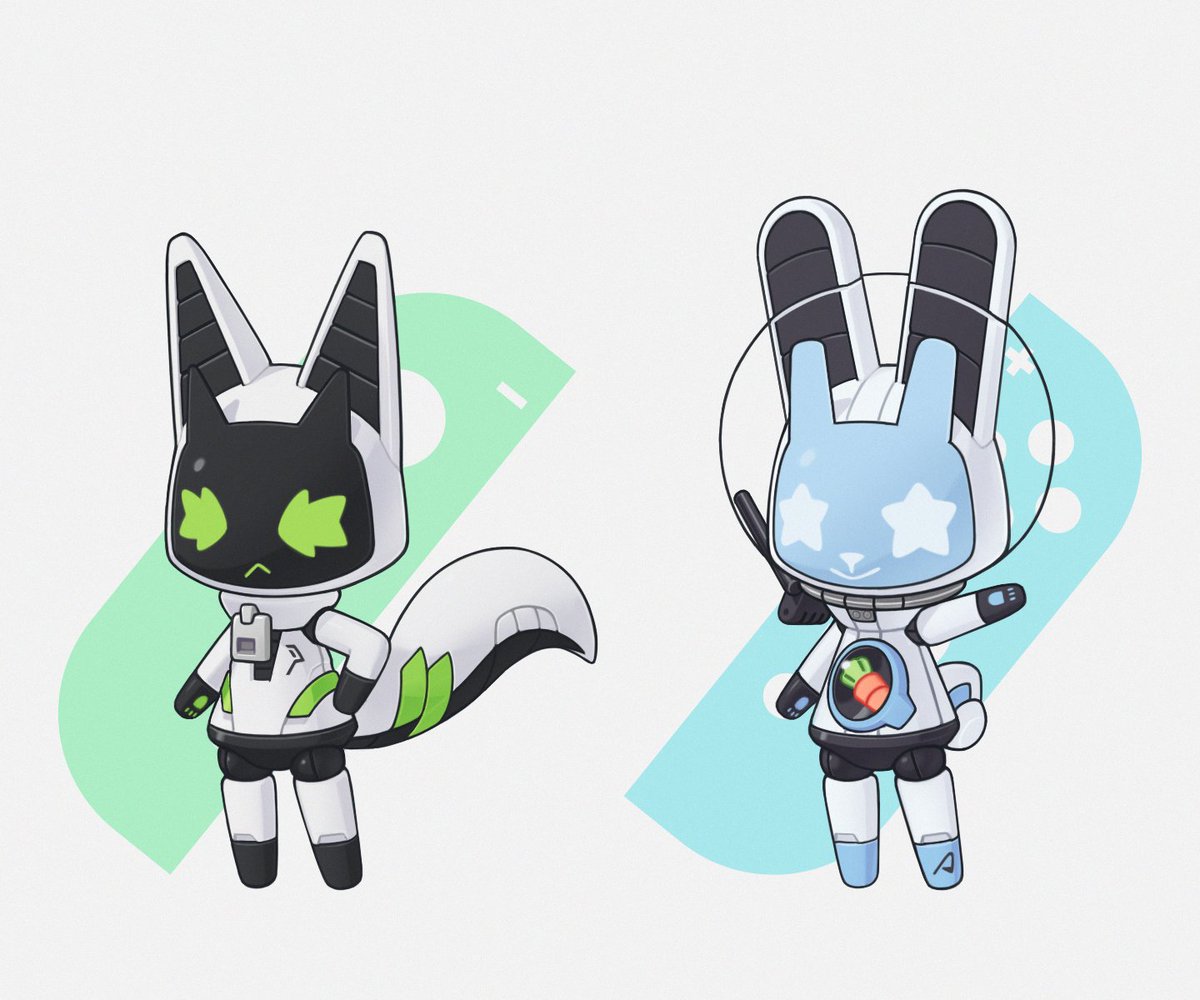 robot humanoid robot tail animal ears no humans green eyes hand on hip  illustration images