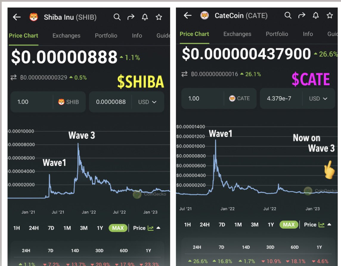 Trader4lyf's tweet photo. Who’s the #nextshiba ?

This formations say it all. It’s clear that #Shiba already completed its Wave3 pump and is headed towards its Wave5 impulse 

#catecoin however is just starting its Wave3 pump

In Elliot Wave Theory, Wave3 is the longest wave &amp; 1.618X longer than Wave1 🚀 https://t.co/80SD2hrBn5