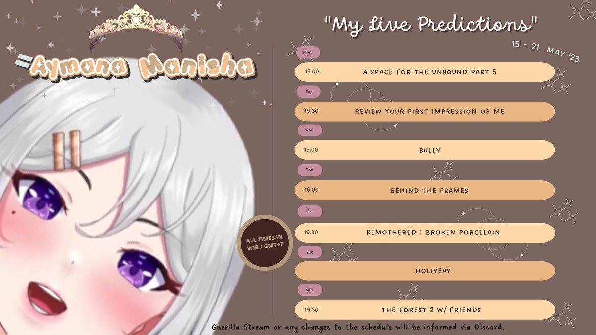 aymanamanisha's tweet photo. #Aytention
Hello Minna-chi!

This is the schedule for the upcoming week! 
15 - 21 May 2023

Buy Aymana's merch here ✨
https://t.co/8rU8DTZqMl

👑💎👑💎👑 https://t.co/w93mdZDHSi