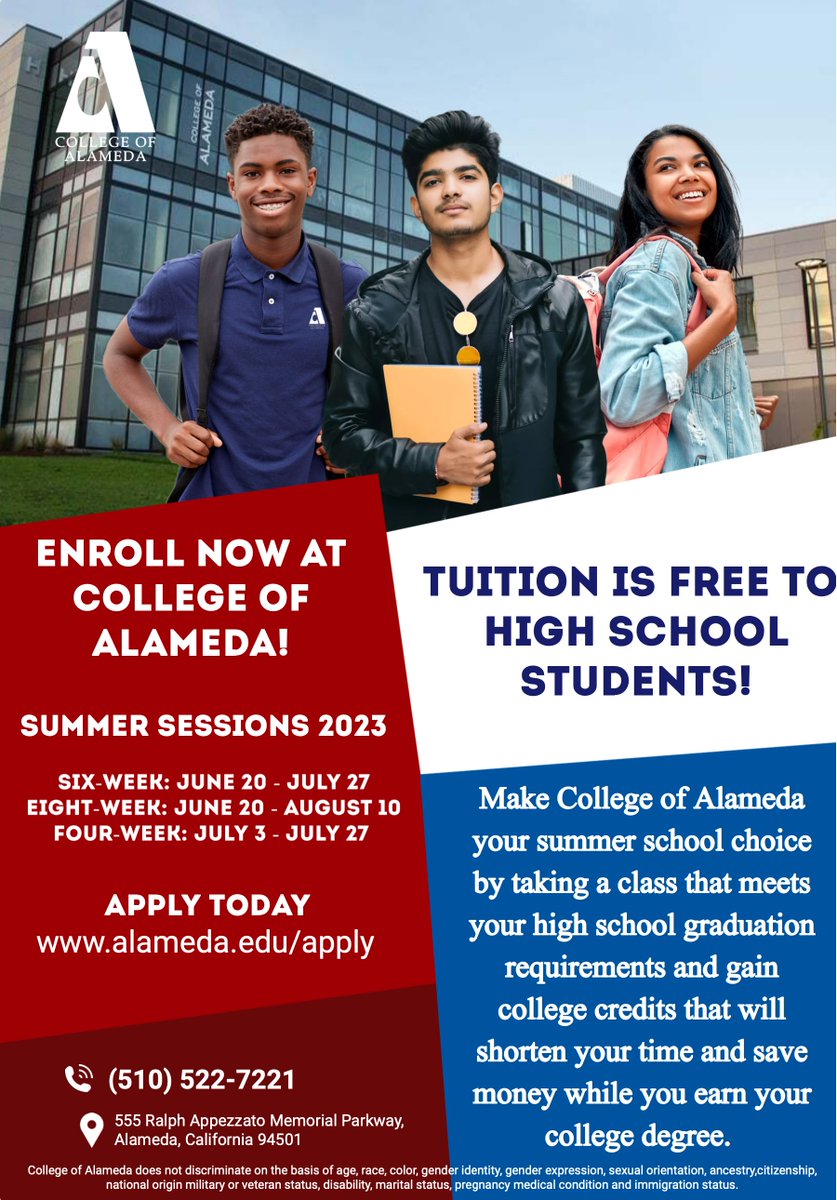 PeraltaColleges's tweet photo. 🆓#Free Summer Tuition for ALL High School Students @CollegeAlameda❗
Make CoA your summer choice: take a class to meet high school grad reqs, gain college credits, shorten your time &amp; save 💲while earning a degree➡️APPLY https://t.co/YoL8LAuFKd
@AUSDNews @OUSDNews @ https://t.co/t5ip2XE0dY