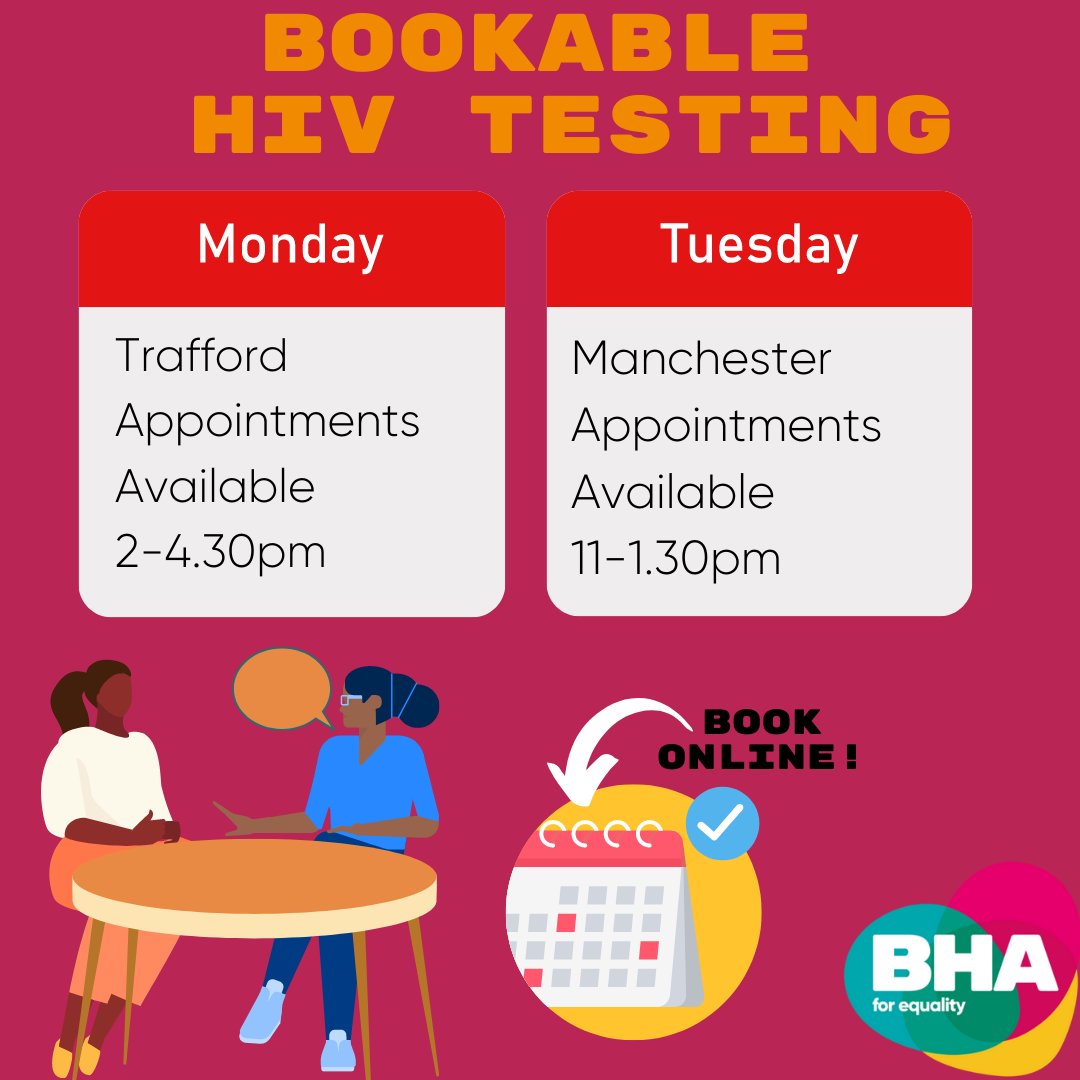 the_BHA's tweet photo. Bookable HIV and STI testing appointments available Monday + Tuesday next week!
@gmpash
#Manchester #Rochdale #Salford #Tameside #Oldham #Bury #Bolton #Wigan #Stockport #Trafford #sexualhealth #HIVtesting #STItesting #sortHIV https://t.co/gNicQmCr4z