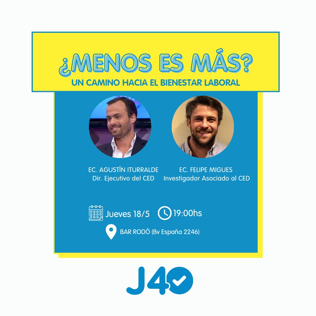 Jovenes40's tweet photo. ¿Qué va a pasar con mi trabajo? 🤔

Este Jueves 18 nos encontramos para conversar sobre los desafíos que vamos a enfrentar en materia laboral en el futuro.

Exponen: @FelipeMigues y @Itu_Agustin.

No te lo podés perder. ¡Te esperamos! https://t.co/MIHm8VpFh7