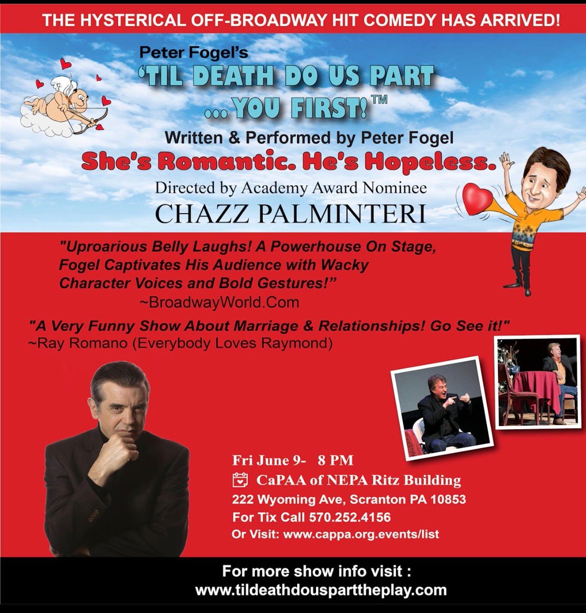 Next month we have Till Death Do Us Part at the Ritz! Peter Fogel and his off-broadway comedy is the perfect way to spend a Friday night!

Join us June 9 @ 8PM! ➡️ ow.ly/hlSj50Onap8

#onenightonly #scranton #comedy #theater #offbroadway