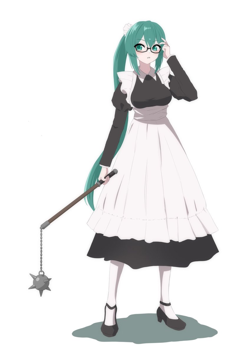 1girl solo long hair apron maid green hair glasses  illustration images