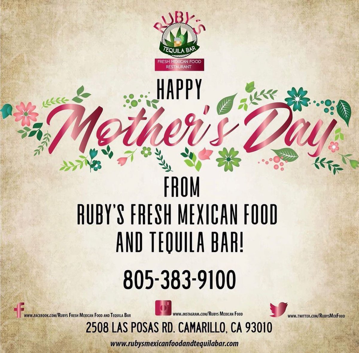 Happy Mother’s Day from Ruby’s!
Let us help you celebrate your #mom today with her favorite dishes and cocktails! 
#rubysfreshmexicanfoodandtequilabar 
#mothersday #diadelasmadres #sundaybrunch