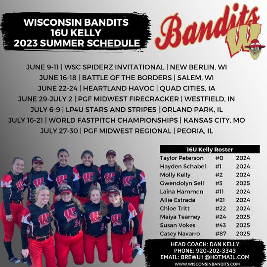 The summer tournament season is less than a month away! Check out Wisconsin Bandits 16U Kelly schedule below👇🏼