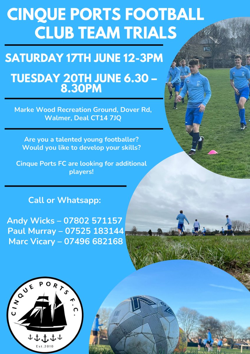 🔥🚀 Attention Footballers! ⚽🏃‍♂ Cinque Ports FC is calling you! 📣 We're hosting first and reserve team trials! This could be your chance to shine! 🌟