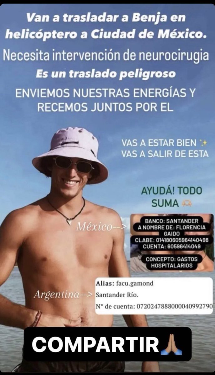 Un llamado a la solidaridad para Benjamin Gamond, Cordobés de 23 años atacados en México por un machetazo a su rostro
Ayudemos a él y a su familia aportando y compartiendo 🙏📿

ALIAS: FACU.GAMOND