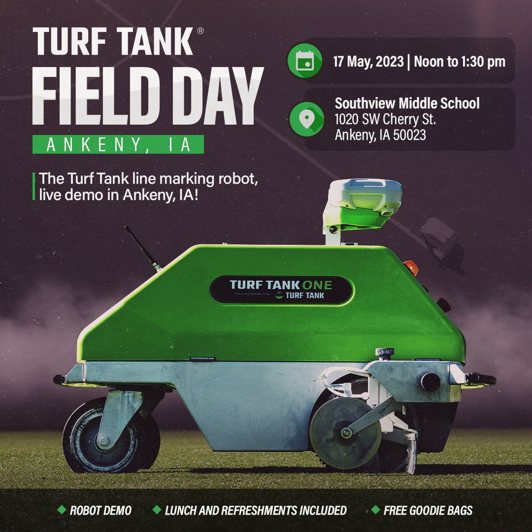 Turf_Tank's tweet photo. 🔔Final call for our Ankeny, IA Field Day on May 17th!

Witness the future of field maintenance and boost your efficiency. Register now and enjoy lunch on us👉 https://t.co/jBA1FWXy6j

#FieldDay #TurfManagement #linemarking #robotics https://t.co/4NDJhoSO7s