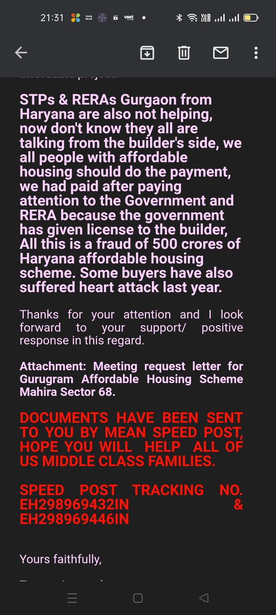 tarangcs's tweet photo. @BJP4Haryana @narendramodi मोदी जी आप पर हम सभी को बहुत जायदा भरोसा था लेकिन अब हरियाणा बिखर रहा है बिल्डर मनमानी करते जा रहा है और हरियाणा सरकार साथ बिल्डर के खड़�� हो गई है कोई करवाई नही की जा रही है, महिरा बिल्डर सेक्टर  68 गुड़गांव, ऐसा क्यों कर रही है सरकार हमने वोट दिया था सीएम बनाया था, हम मर रहे है। https://t.co/FAVBBlq2mF