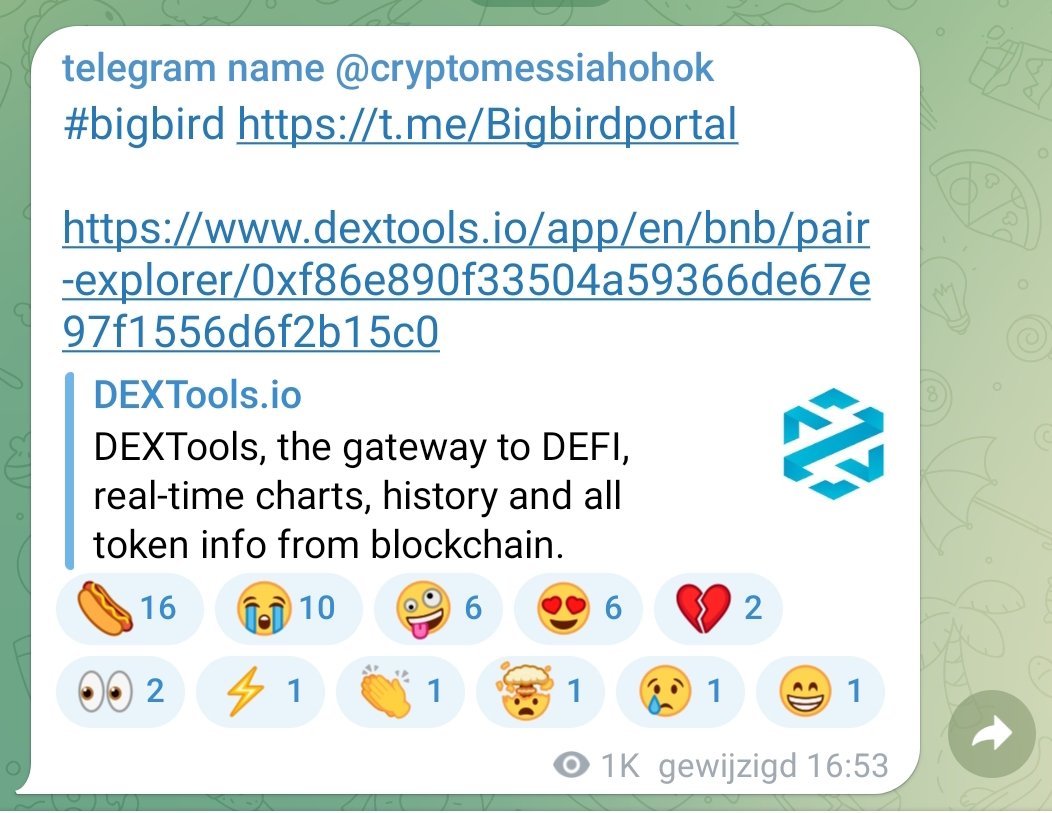 Bigbirdbsc's tweet photo. LP is locked, contract is renounced, dextools update is paid for and BSc trending is kicking in in a bit.
Messiah pre called us 👀 and many more callers incoming!

Chart: https://t.co/mSQQtqgDlG

Website: https://t.co/G3QCwzUGo7

Tg: https://t.co/60gdMFbVbp https://t.co/XByxbg3ebF