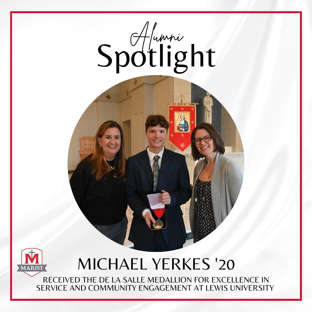 MaristHSalumni's tweet photo. Congratulations to Michael Yerkes '20 on receiving the prestigious De La Salle Medallion for Excellence in Service and Community at Lewis University. Here he is with his professors that nominated him. As we previously shared, Michael is also the Lewis Best Buddies President. https://t.co/u9S5IGxPvr