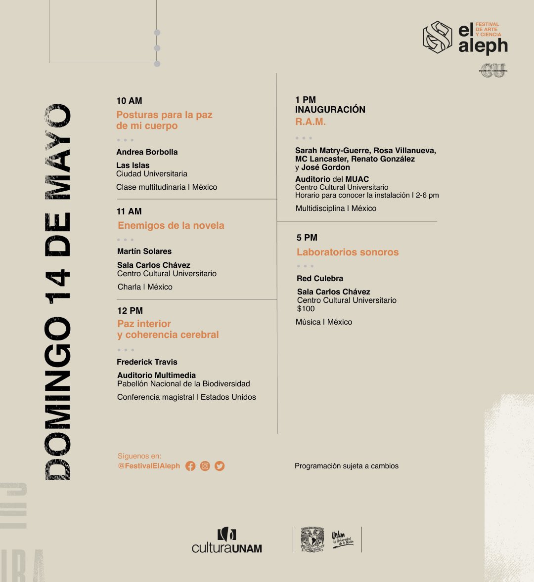 FestivalElAleph's tweet photo. ¡Día dos del #FestivalElAleph! Aquí algunas recomendaciones:
🧘♂️Clase de yoga
🐸Música para conocer el lenguaje de las ranas
🗣️Hablemos del cerebro y la conciencia en: "Enemigos de la novela"
😯"R.A.M", instalación performática
#Alepha: https://t.co/1LeRlKNVsA https://t.co/S68LVhF7bK