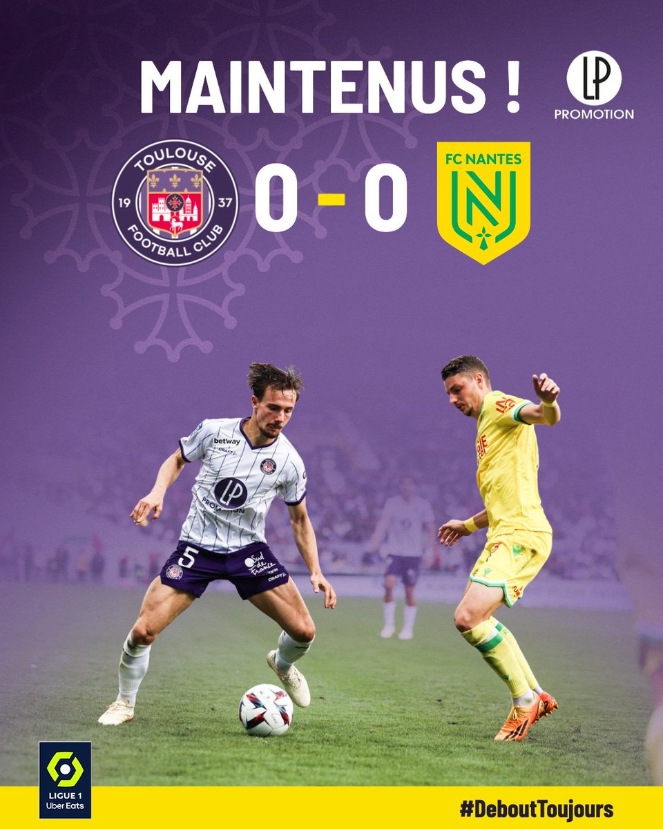 ToulouseFC's tweet photo. 10 points d'avance sur le premier relégable à 3 journées de la fin, nos Violets valident leur maintien en @Ligue1UberEats ✅

#DeboutToujours 😈 https://t.co/YXhbbnPMmR