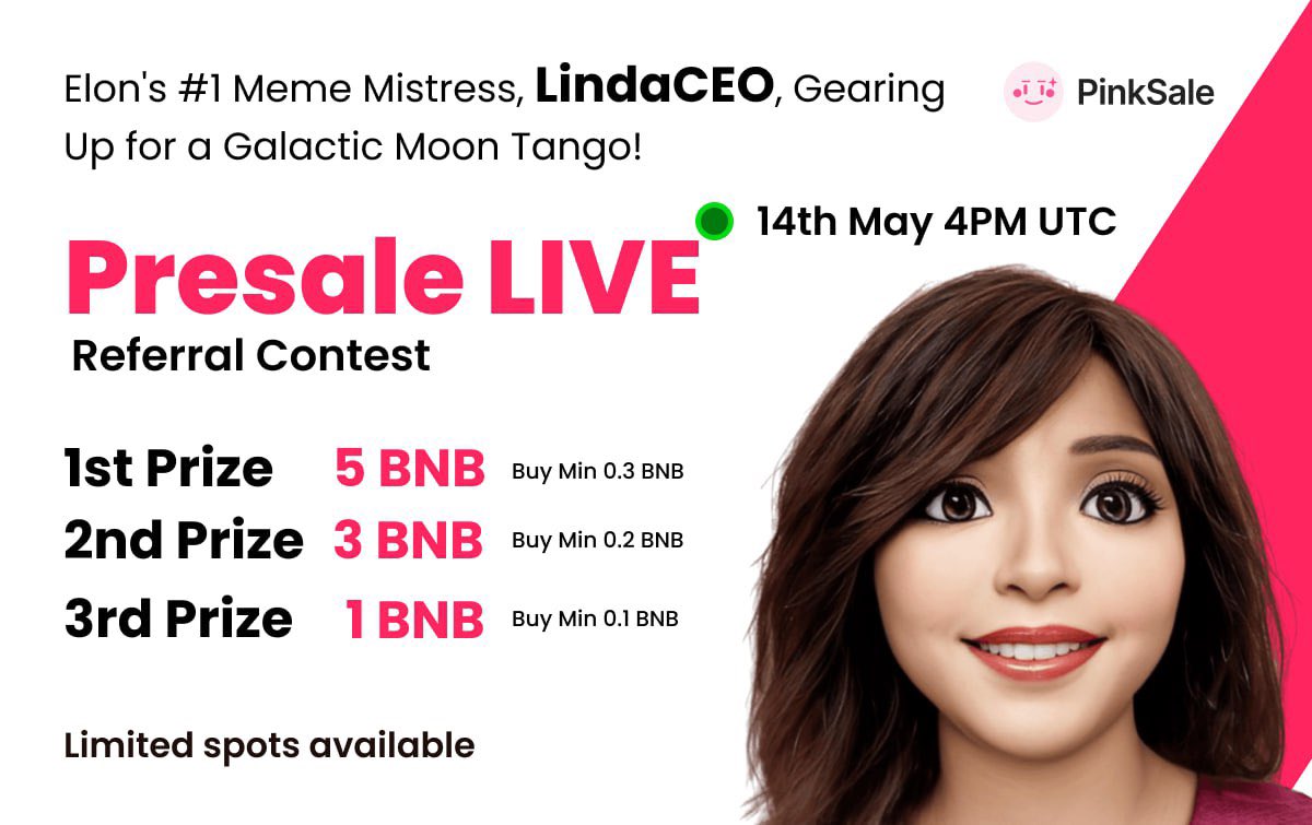 lindaceocoin's tweet image. 🔥 The moment has arrived! 🚀 The $LindaCEO sale is now LIVE on Pinksale! Join us on this exhilarating journey and be part of the next big meme token revolution.
Buy now 👉 pinksale.finance/launchpad/0x99…

#LINDACEO #CryptoSale #MemeTokenRevolution #Pinksale #LiveNow