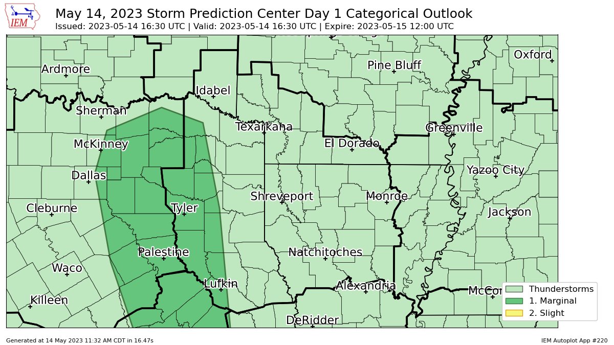 SPC issues Day 1 Marginal Convective Risk at May 14, 16:30z for SHV spc.noaa.gov/products/outlo…