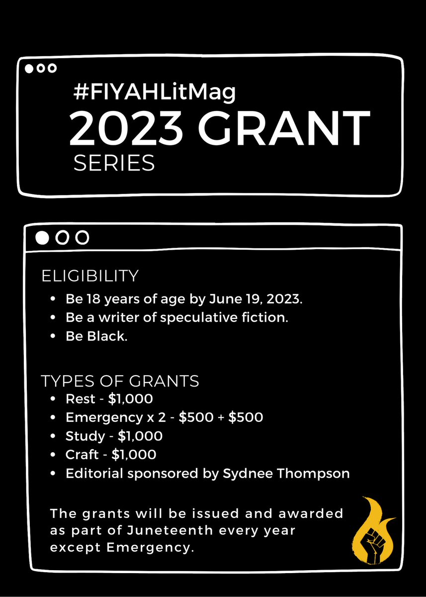 fiyahlitmag's tweet image. All our Black speculative writers from across the globe:

The #FiyahLitMag 2023 grant series is a chance to get assistance in defraying costs associated with honing your craft with grants up to $1k!  #BlackWriters #Grants 

Don't self-reject &amp;amp; apply! fiyahlitmag.com/grants/