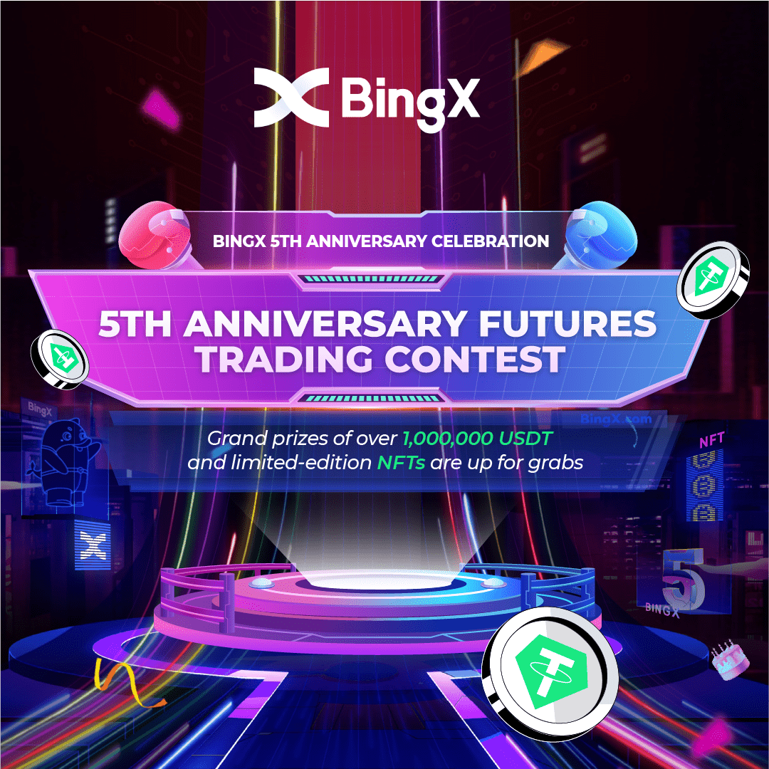 Win over a whopping share pool of 1,000,000 $USDT and limited edt #NFTs. Join our 5th anniversary Futures Trading Contest now

Event Period : 14/5 - 17/6
Event Signup: bingx.com/en-us/act/5th-…