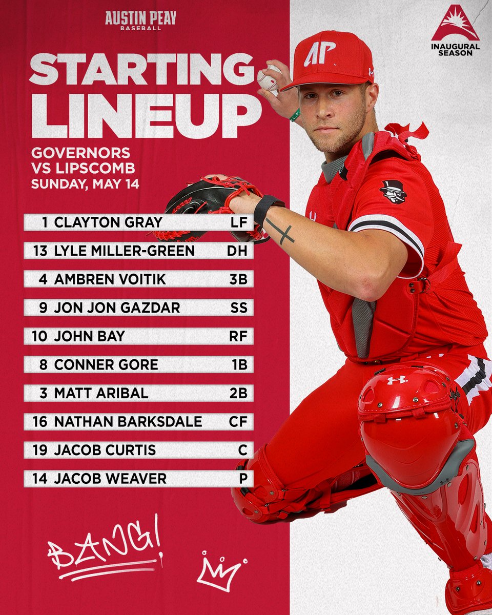 GovsBSB's tweet photo. Final Stand at The Hand! 

Here's the Govs' lineup and the links you need to follow along for today's #ASUNBSB Game 3.

🆚 Lipscomb
🕛 Noon
🏟️ Maynard Field at The Hand
🌆 Stacheville
🔗https://t.co/mkTLhJPeWK

#LetsGoPeay | #⃣🅱️🅰️🆖 https://t.co/YVneNXkooI
