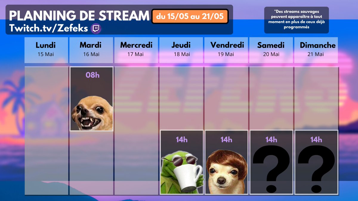 Planning de la semaine en full détente sur des jeux mystère de partout avant le giga rush de Juin où on va tout donner. 
Le calme avant la tempête de ses morts ❤️

Twitch.tv/Zefeks 
Twitch.tv/Zefeks 
Twitch.tv/Zefeks