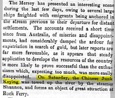Liverpool1207's tweet image. #RiverMersey 14th May 1853- Chinese junk 'Keying' is towed up river by steam-tug Shannon.
She was moored off Rock Ferry. Sold at Tranmere in Sept 1855 and broken up