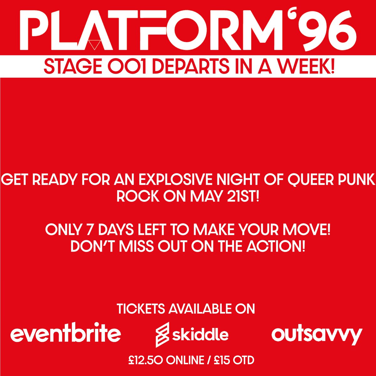 Feeling those post Eurovision blues? We've got you covered with your next gig 😉
You have exactly one week to make your move! Grab your tickets before it's too late!
#lgbtcommunity #lgbtartist #lgbtlondon #punkrock #londongig #londongigs

platform96-stage001.eventbrite.co.uk