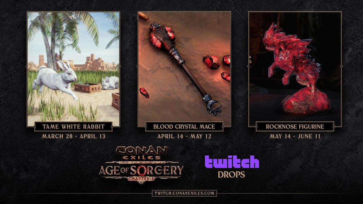 The third and final Twitch Drop is now active! Liven up your living room, war room, or bathroom with the strikingly scarlet Rocknose Figurine.

As with the previous rewards, watch a Conan Exiles Twitch streamer to get yours!

See who is live now: bit.ly/ConanExilesTwi…