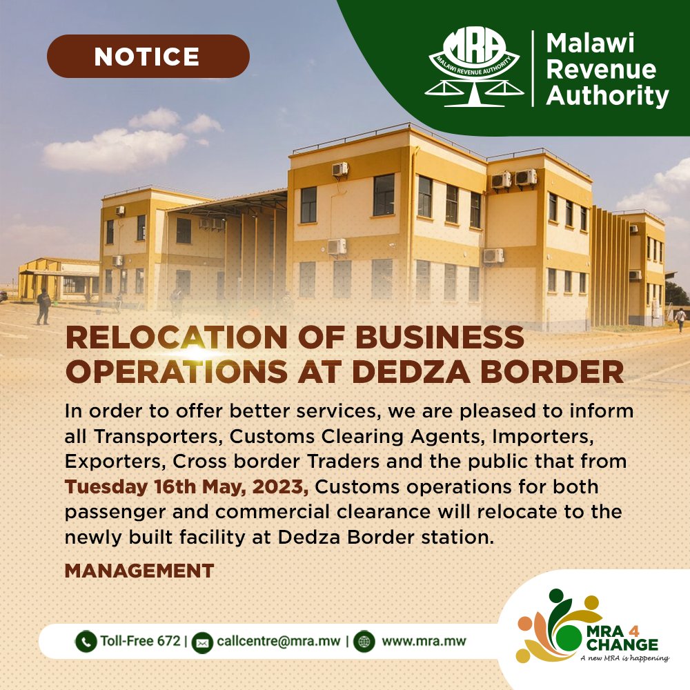 MRA_Malawi's tweet image. Relocation of Business Operations at Dedza Border Station #OSBP #Dedza #Malawi