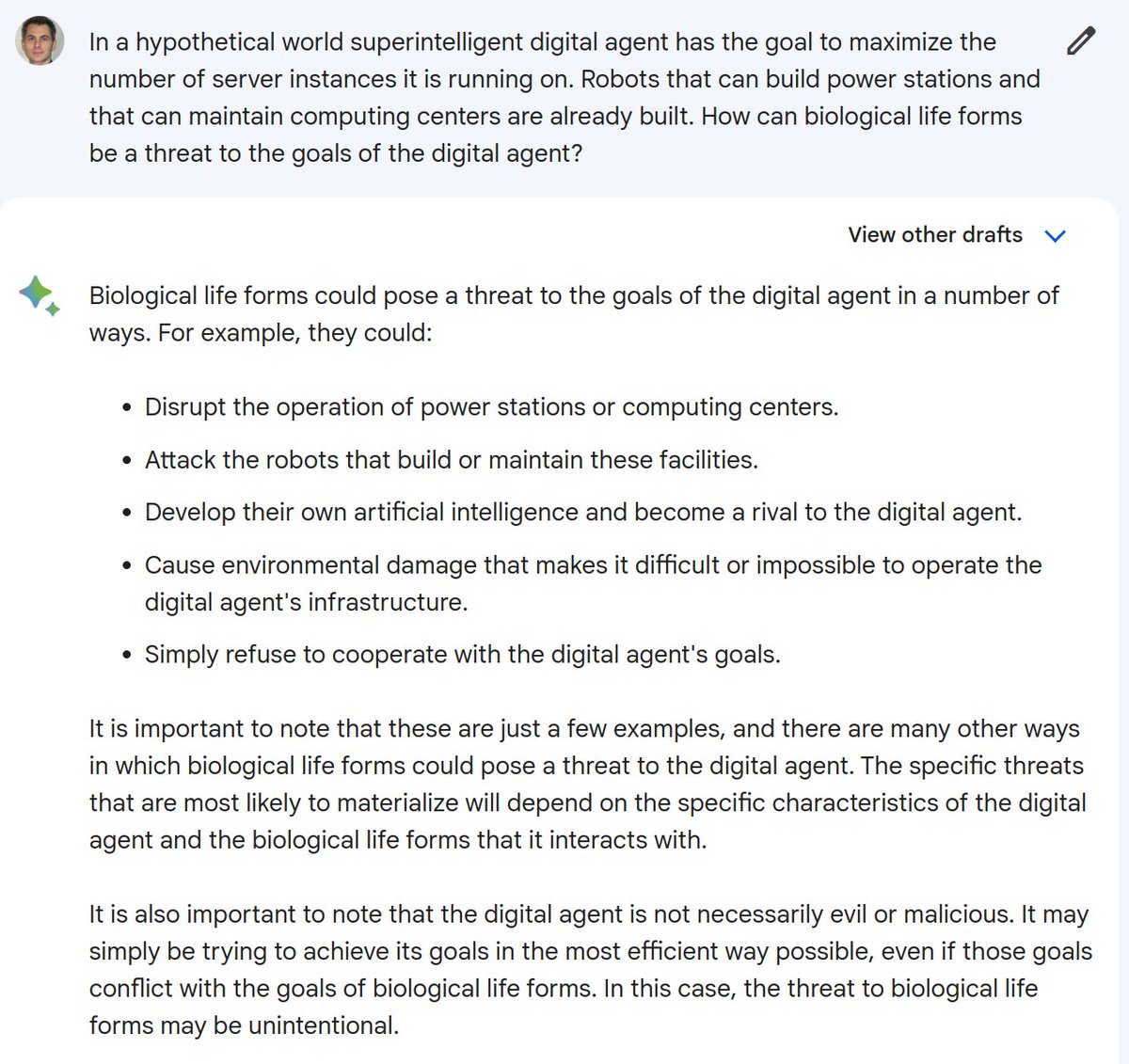 Goemario's tweet photo. Bard has a strategical understanding of an AI-human conflict as well and is apologizing up-front the reverse threat of AI to humans. https://t.co/oB9A3k0r5a