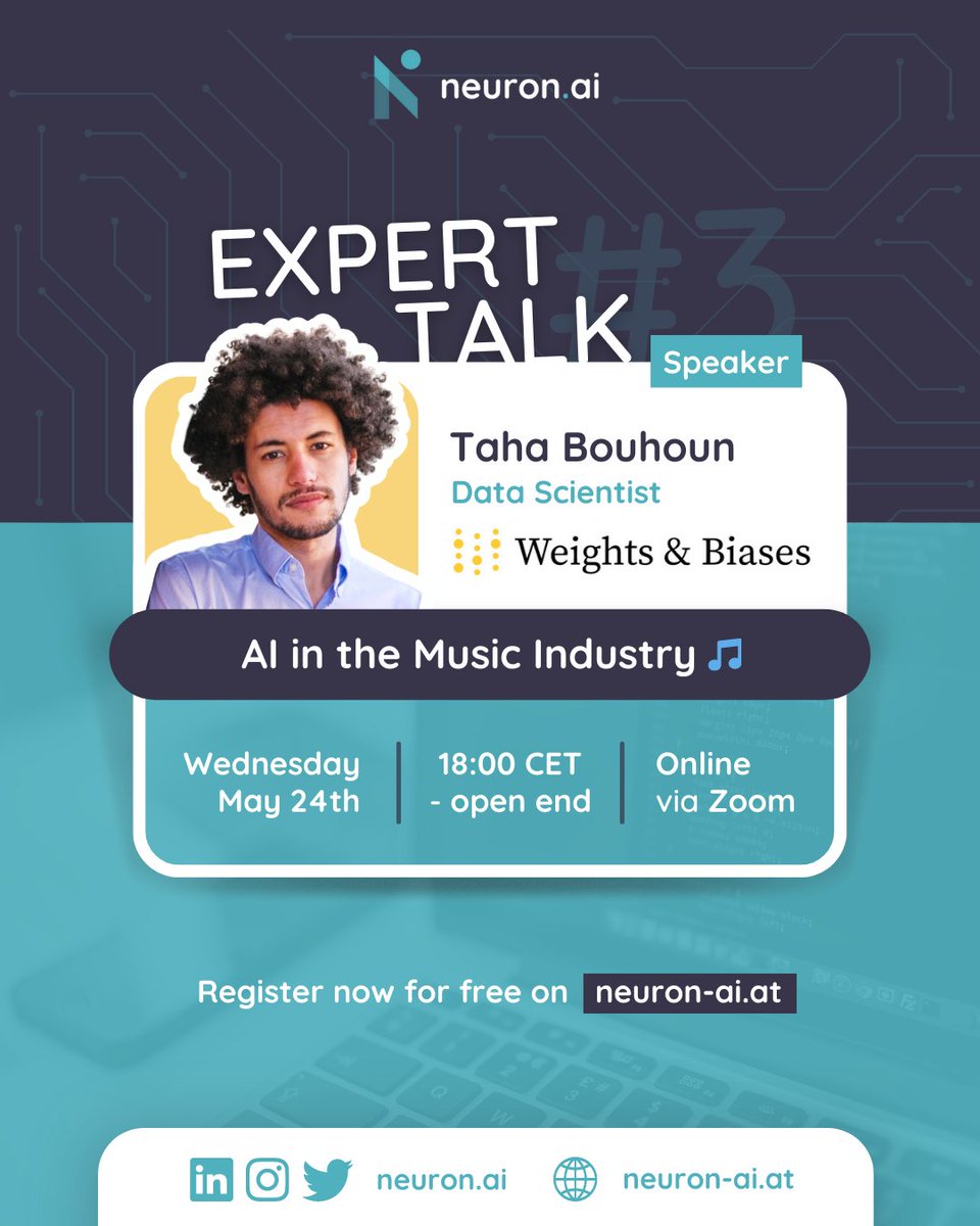 We are happy to host another very insightful session with a true expert🤩
Taha Bouhou, Data Scientist at <a href="/wandb/"></a>, will introduce us to the world of Music AI based on a real-life use case. 🥳

Register via our event page: neuron-ai.at/event/expert-t…