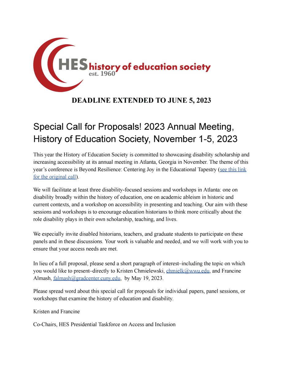 There's still time to submit a proposal for our HES 2023 conference! See the special call for research related to disability. Deadline is June 5.