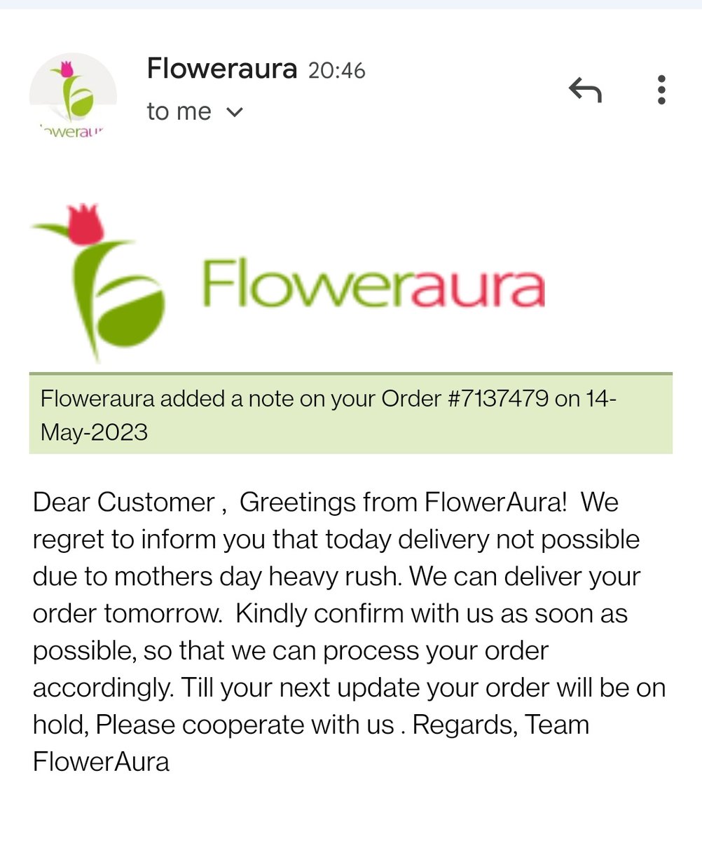 lakshyab1912's tweet image. Just another day with @Floweraura 
In fact it isn't just another day, it was Mother's day and I placed the order in the morning before 11 AM and have been struggling to get in touch with them. Pathetic after sales service and not the first time !
#floweraura #neverorderfromhere