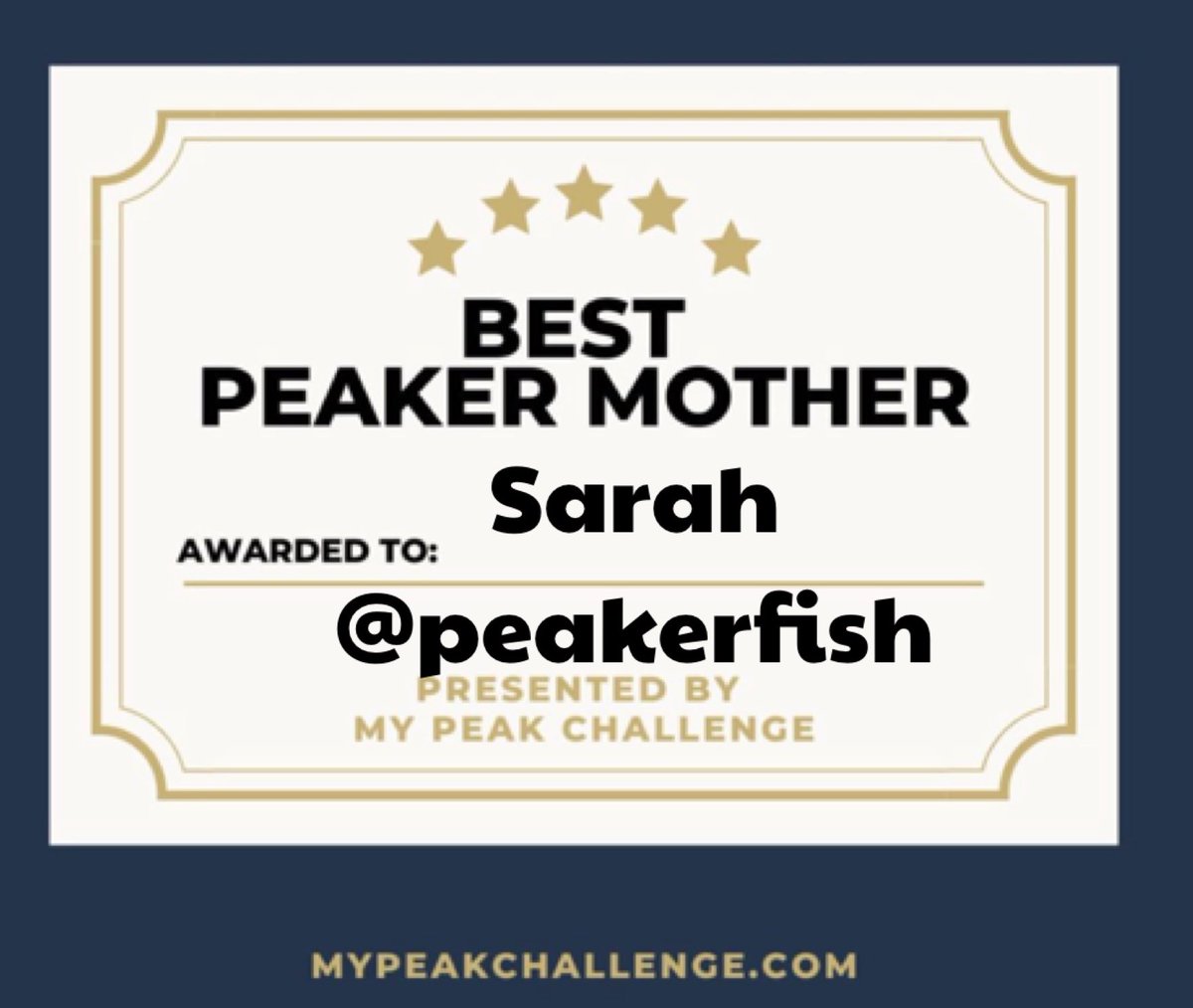 ladybay8's tweet photo. @MyPeakChallenge @SamHeughan Hey! #HappyMothersDay to all our #Peakers all over the world 🌎 
@MyPeakChallenge 
I am awarding Sarah as 
Best #Peaker Mom!!
@sarahjaswim #peakerfish https://t.co/JLgRyZRXxh