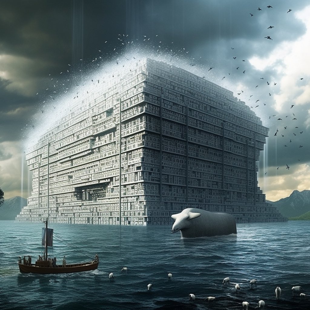 domingoypablo's tweet photo. Ever thought of #AI as Noah's Ark? Instead of animals, this Ark is filled with diverse, valuable data worth preserving. Welcome to 'Noah's Data Ark' - a beacon of #EthicalAI, safeguarding our digital heritage. 🚢💾 #AIforGood #HumanAI #DataPreservation #HumanPreservation #NoahsDataArk