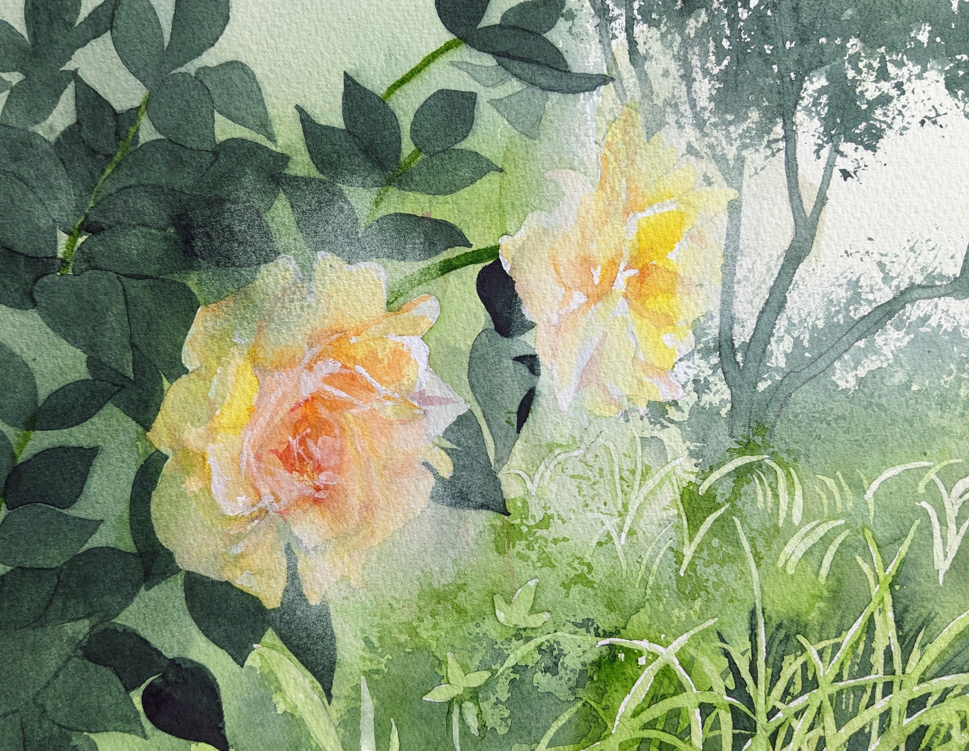 花とベンチ　水彩画 花とベンチ 水彩画