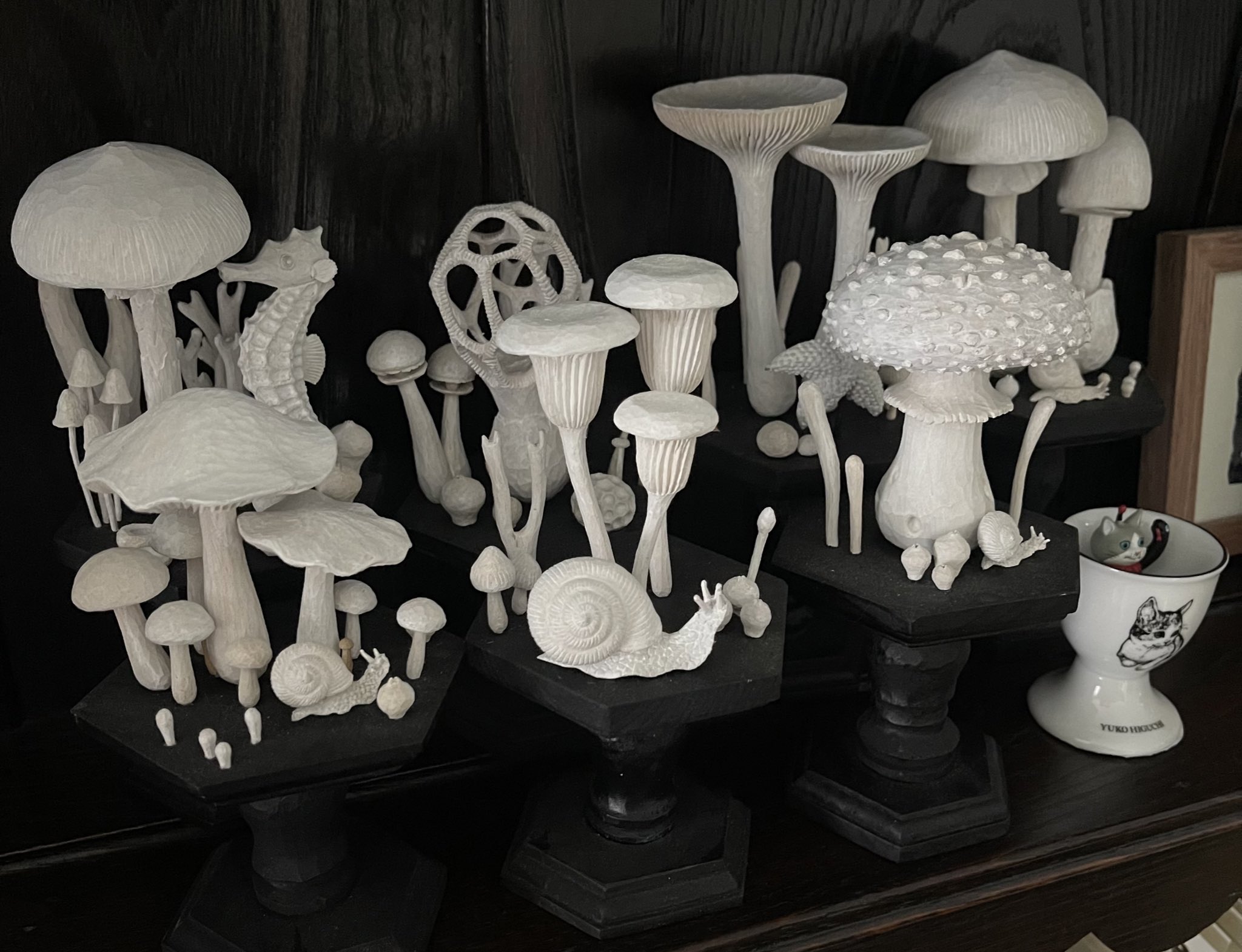 小島秋彦 シナノキ アクリルペイント マッシュルームスタンド 木彫り